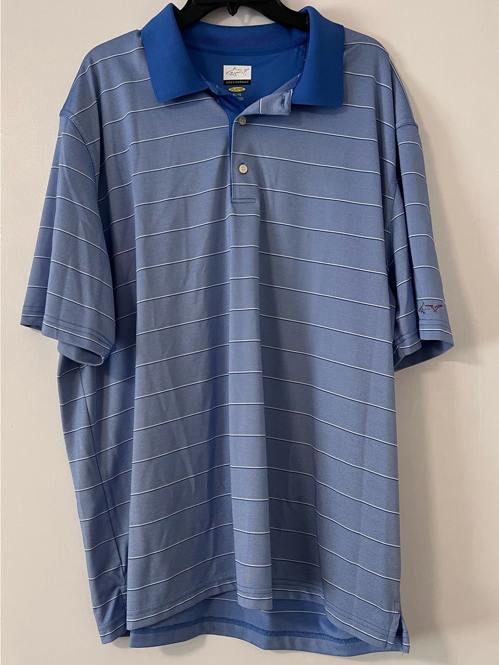 Men's Greg Norman Blue White Striped Short Sleeve Golf Polo Shirt sz XL/XXL